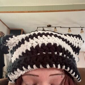 Handmade Black & White Crochet Beanie Hat - Women Accessories